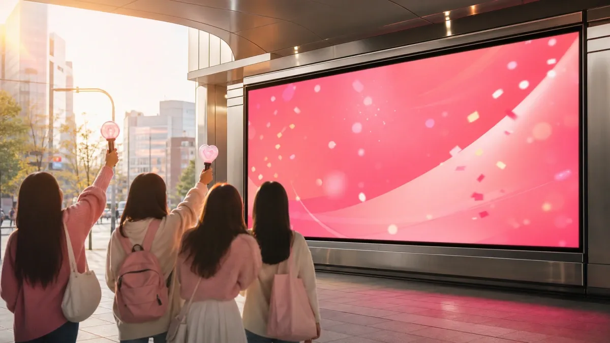 韓国の街頭デジタルボードで応援広告を確認する実写型イメージ