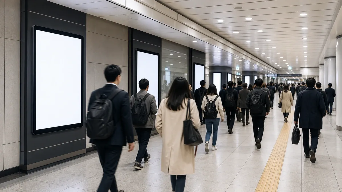 출근 시간 지하철 역사 안에서 사람 흐름과 디지털 광고 지면을 보여주는 생성 이미지