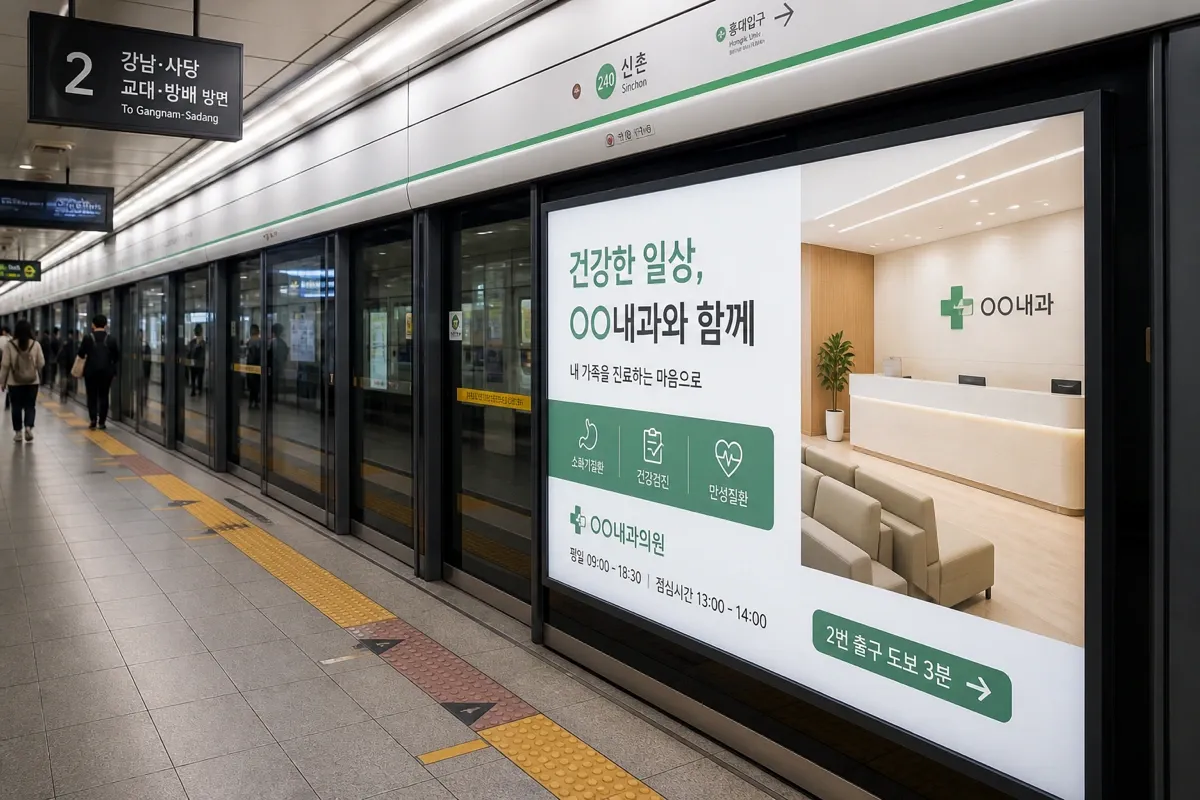 지하철 승강장 스크린도어와 라이트박스 광고가 보이는 실사형 생성 이미지