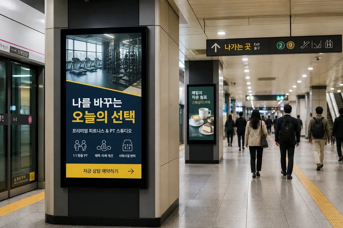 지하철 역사 내 디지털 사이니지와 CM보드 광고가 보이는 실사형 생성 이미지