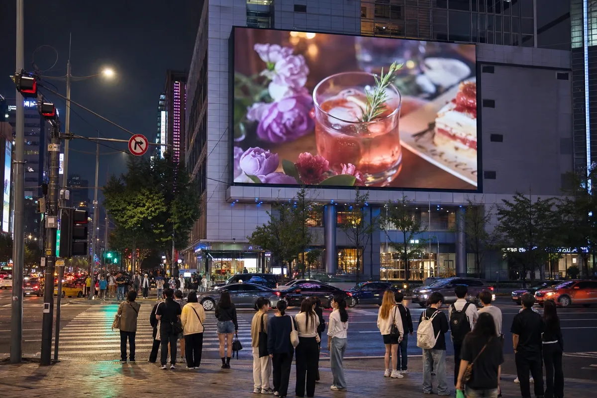 번화가 도심 교차로 건물 외벽에 설치된 대형 LED 전광판에 일반 업종 광고가 송출되는 모습
