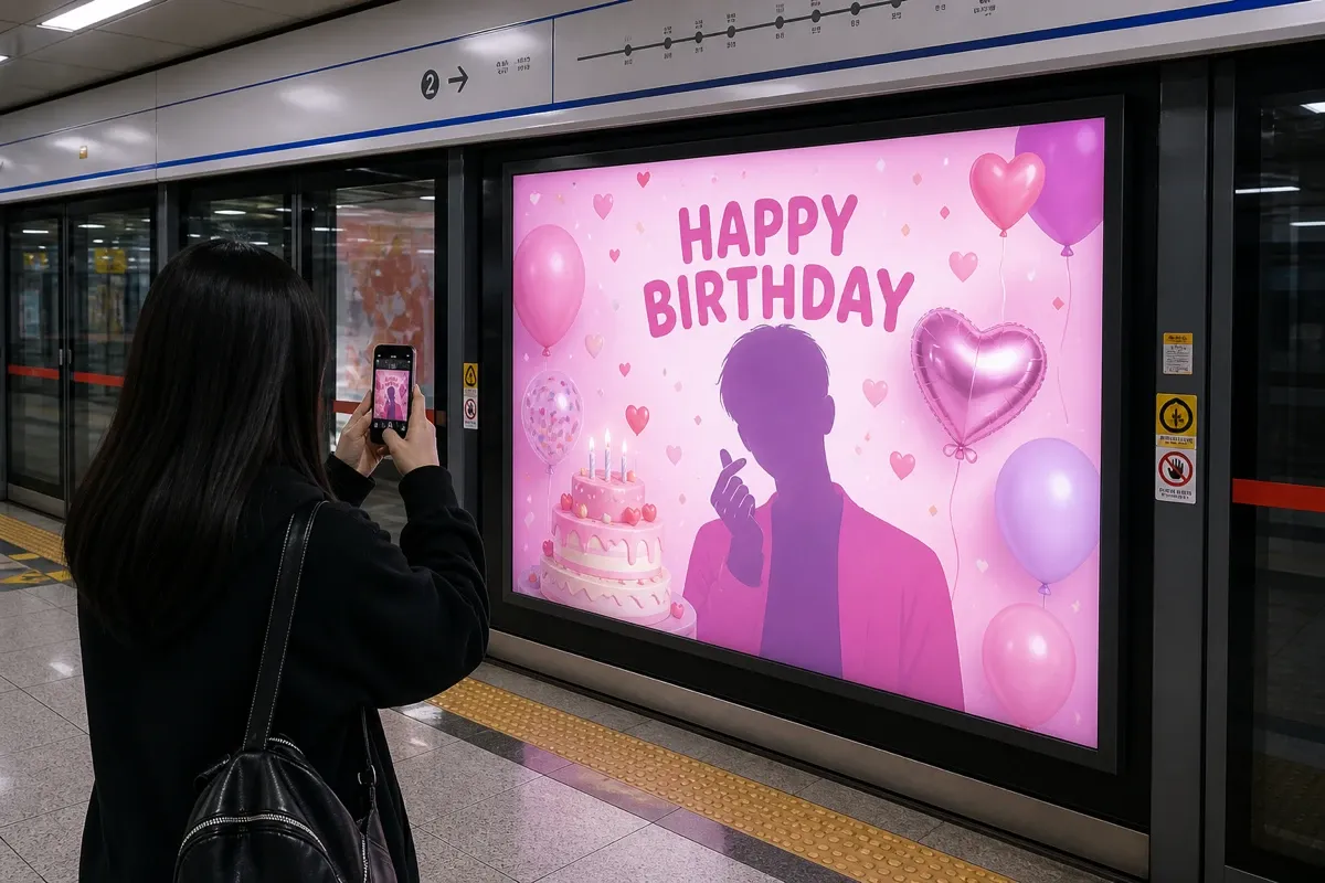 지하철 승강장 광고판에 걸린 핑크빛 생일 축하 응원광고를 한 팬이 스마트폰으로 촬영하는 모습
