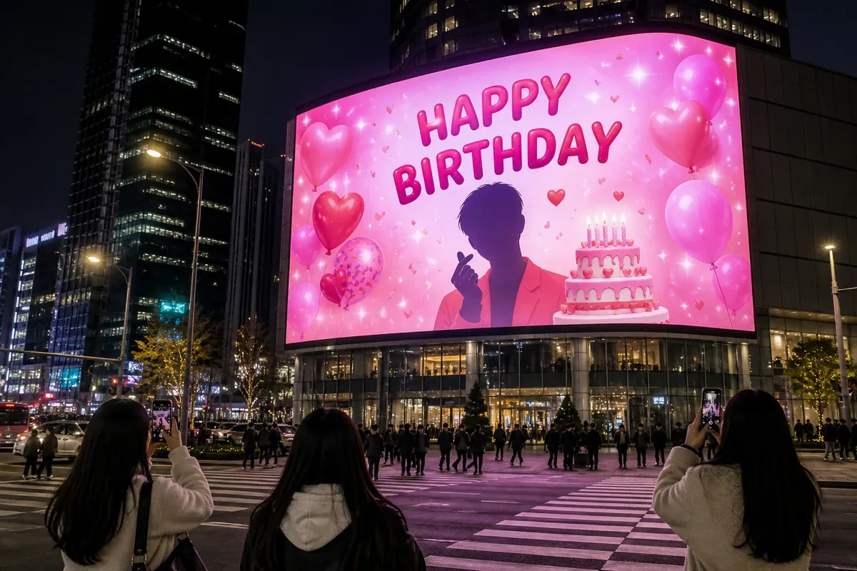 도심 빌딩 외벽 대형 전광판에 핑크빛 생일 축하 응원광고가 송출되는 저녁 거리 풍경