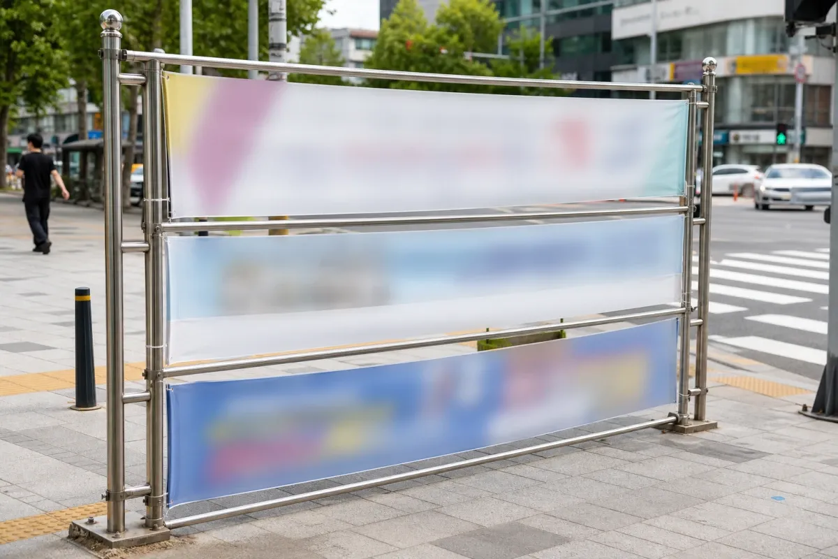 도심 횡단보도 옆 보도에 설치된 현수막 지정게시대에 여러 장의 가로형 현수막이 단정하게 걸려 있는 모습