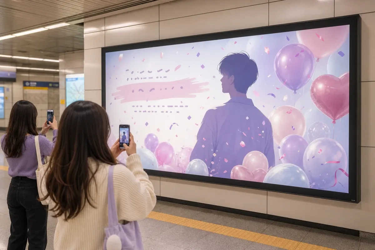 지하철역 벽면 패널에 걸린 생일 응원광고를 팬들이 휴대폰으로 촬영하는 모습 (가상 일러스트)
