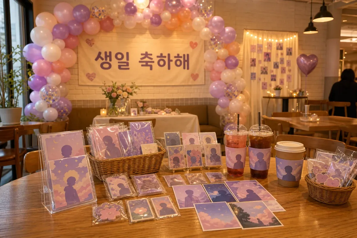 파스텔 풍선과 컵홀더·포토카드 특전, 포토존으로 꾸민 생일카페 내부 풍경