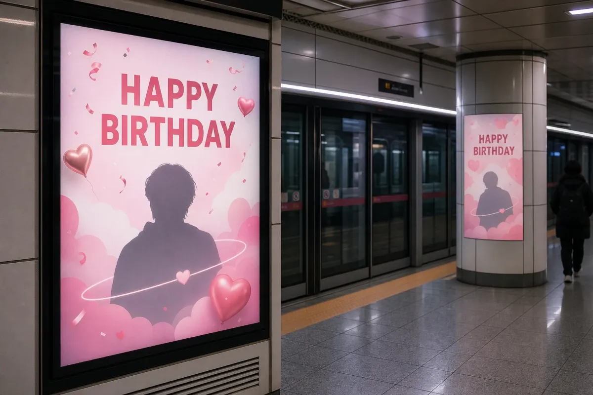 지하철 승강장 스크린도어 옆 디지털 패널과 기둥에 걸린 HAPPY BIRTHDAY 생일 응원광고