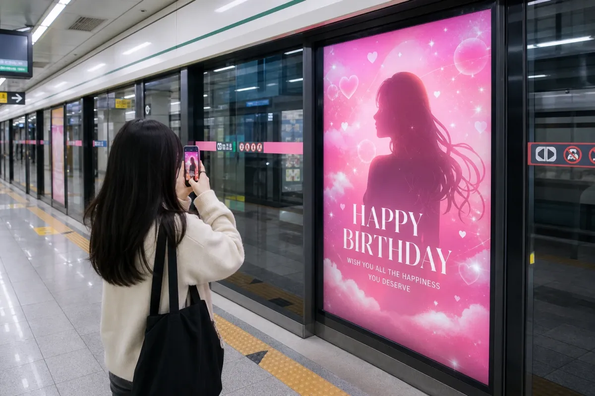 지하철 승강장 스크린도어에 걸린 핑크빛 생일 축하 응원광고를 한 팬이 스마트폰으로 촬영하는 모습