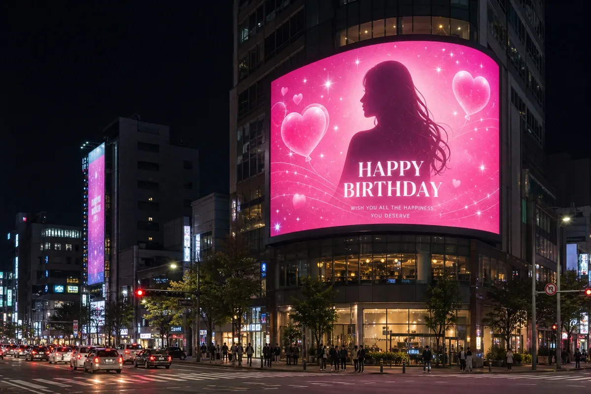 도심 밤거리 건물 외벽 대형 디지털 전광판에 핑크빛 생일 축하 응원광고가 송출되는 야경