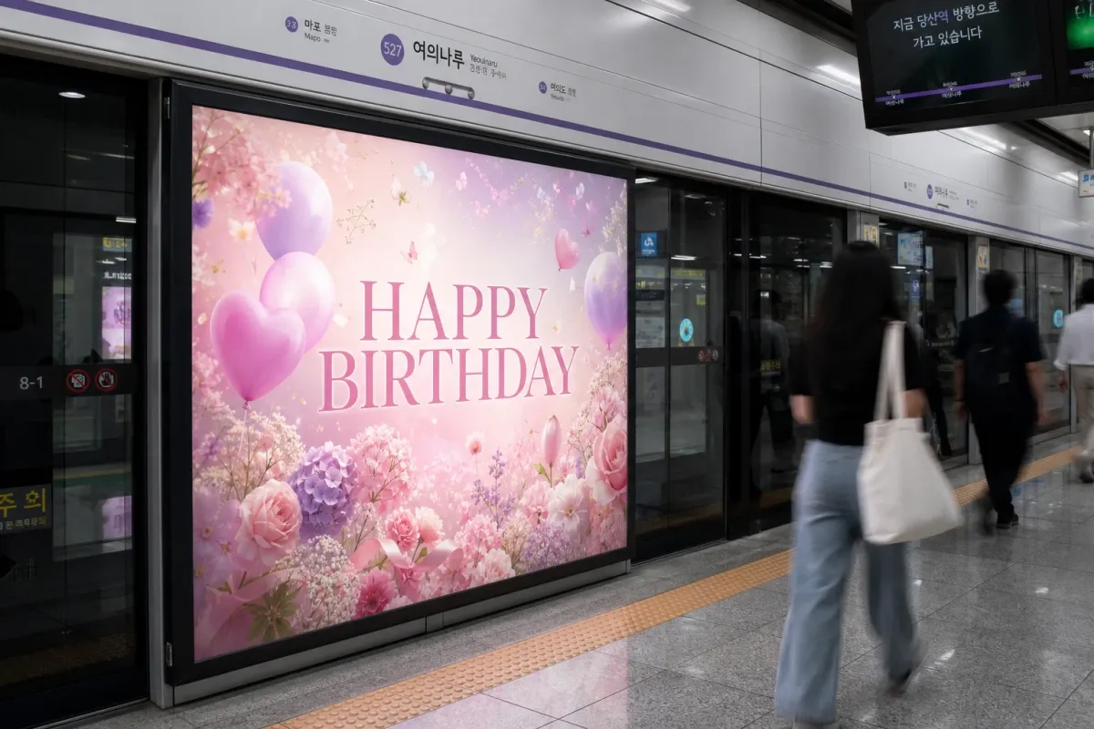 지하철 스크린도어에 걸린 파스텔 생일 응원광고와 지나가는 승객들