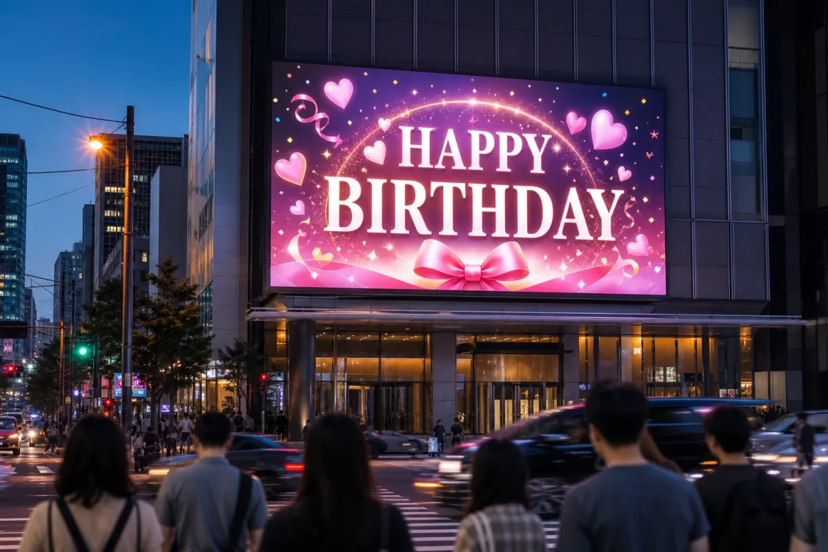 저녁 거리의 대형 LED 전광판에 켜진 화려한 생일 응원광고