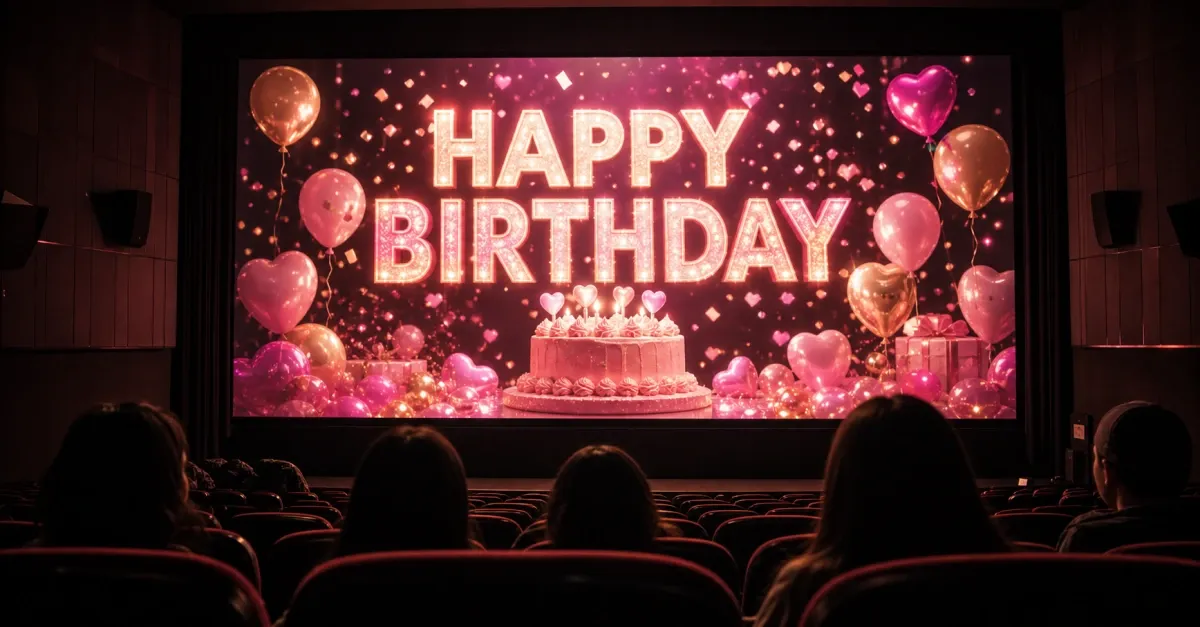 어두운 영화관 상영관 스크린에 생일 축하 응원 영상이 떠 있고 관객이 앉아 보는 모습