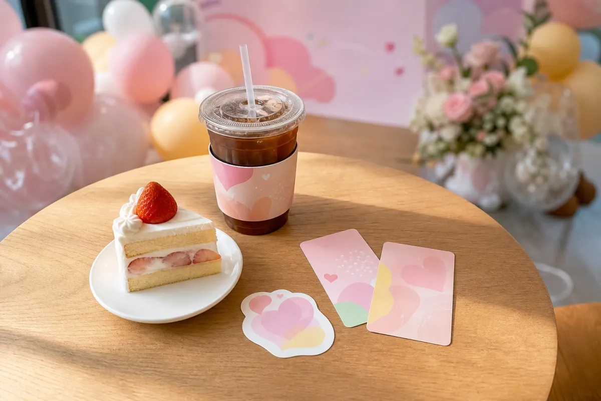 생일카페 테이블 위에 컵홀더를 낀 음료, 포토카드, 작은 케이크, 스티커가 놓여 있고 뒤로 파스텔 톤 포토존이 보이는 모습