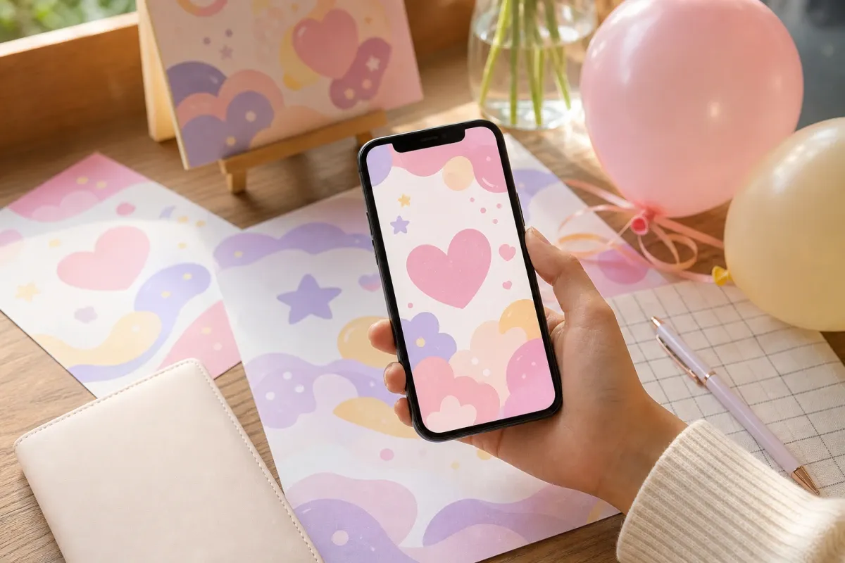 스마트폰 화면에 생일카페 안내 카드뉴스가 떠 있고, 책상에 포스터 시안과 노트·풍선이 놓인 모습