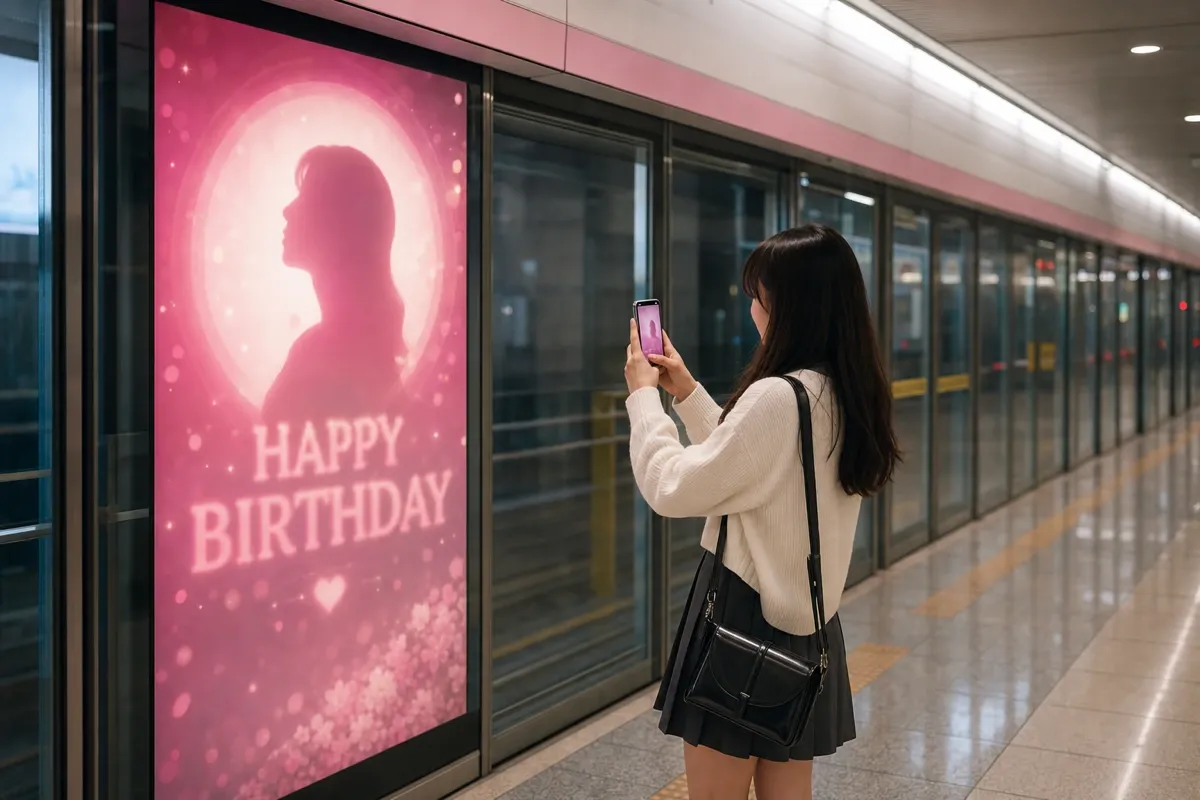 韓国の地下鉄駅のホームドアに掲出されたK-POPの誕生日応援広告を、日本のファンがひとりでスマートフォンを手に見ている様子