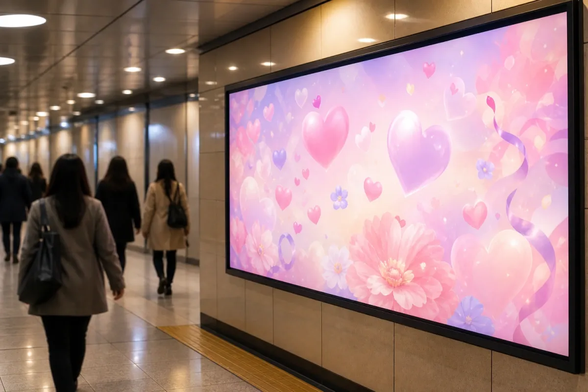 韓国の駅に掲出された、パステルカラーのお祝い応援広告の雰囲気