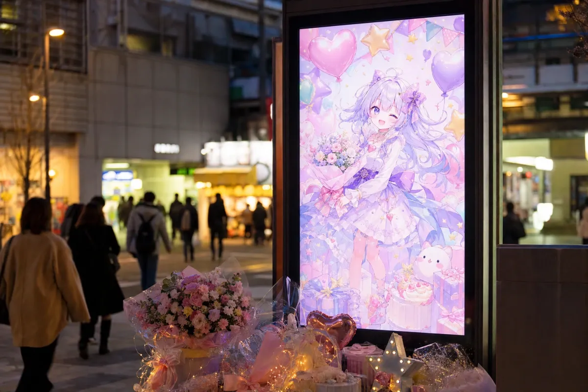 駅のデジタルサイネージに、VTuber風のオリジナルキャラクターのお祝い応援広告が掲出されている雰囲気