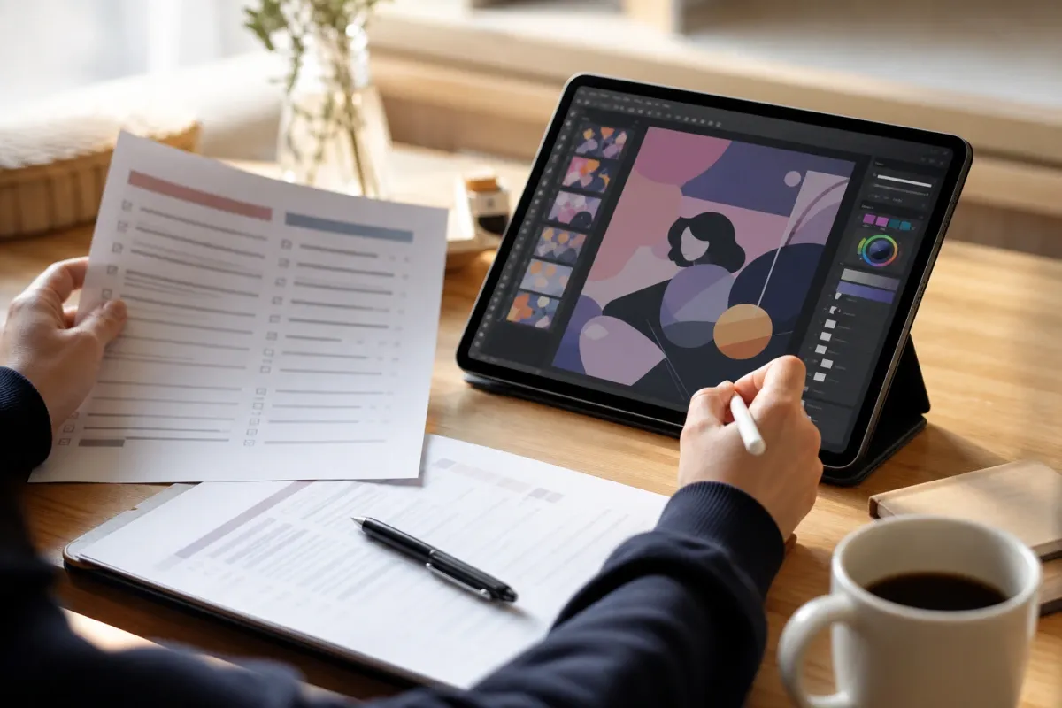 タブレットでデザインを準備しながら、チェックリストでガイドラインを確認している手元