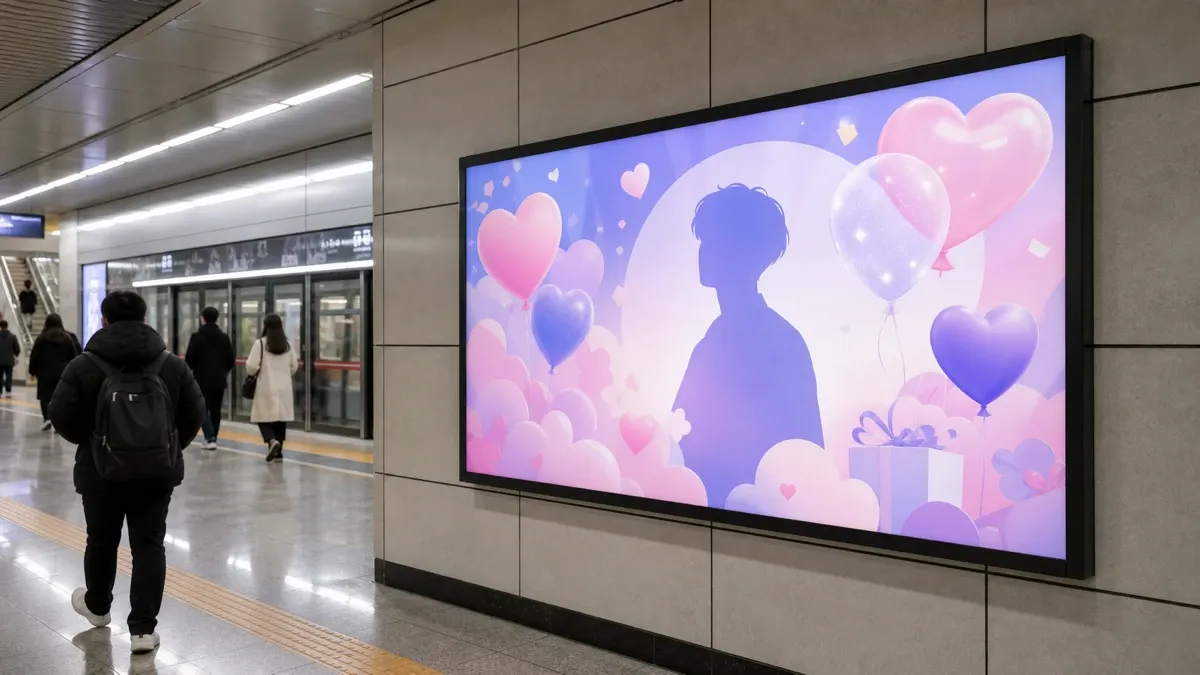 A bright K-pop birthday support ad on a digital screen inside a Seoul subway station, with passers-by shown as silhouettes