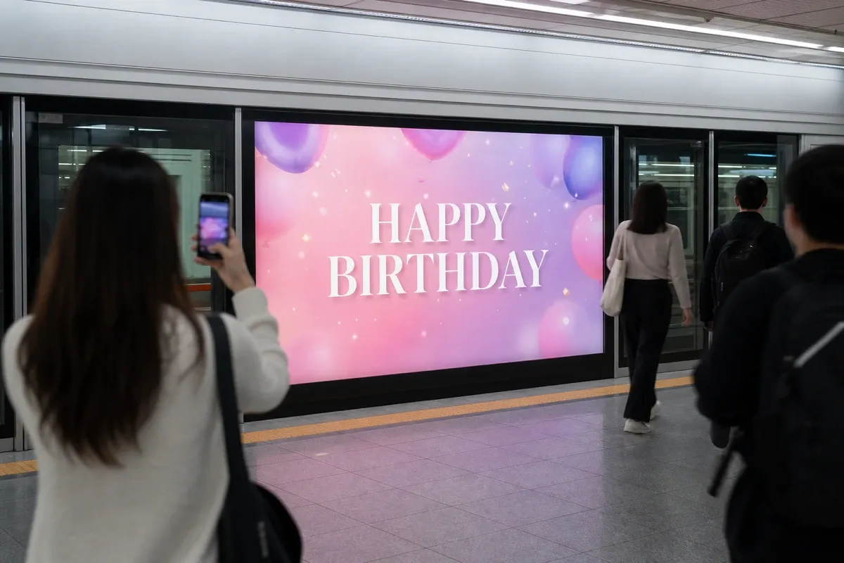 지하철 승강장과 도심 전광판에 걸린 생일 응원광고를 팬이 휴대폰으로 촬영하는 장면