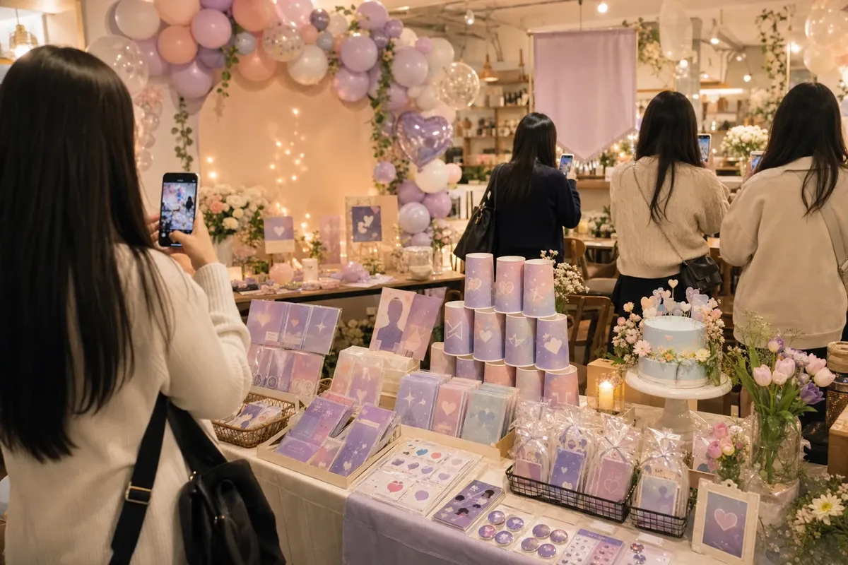 파스텔 풍선과 포토존, 테이블 위 컵홀더·포토카드 특전으로 꾸며진 생일카페 내부