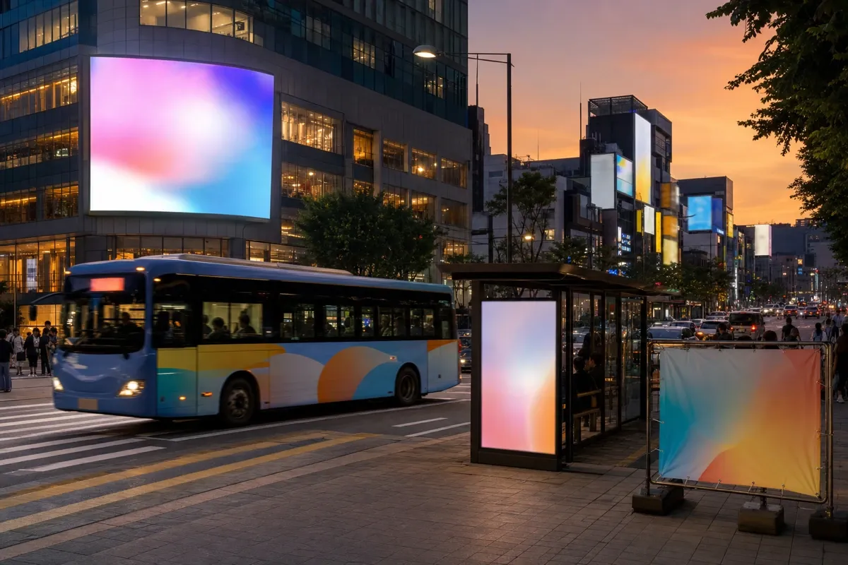 해질 무렵 도심 거리에 전광판, 버스 래핑 광고, 버스정류장 패널, 도로변 현수막이 함께 보이는 한국 도시 풍경