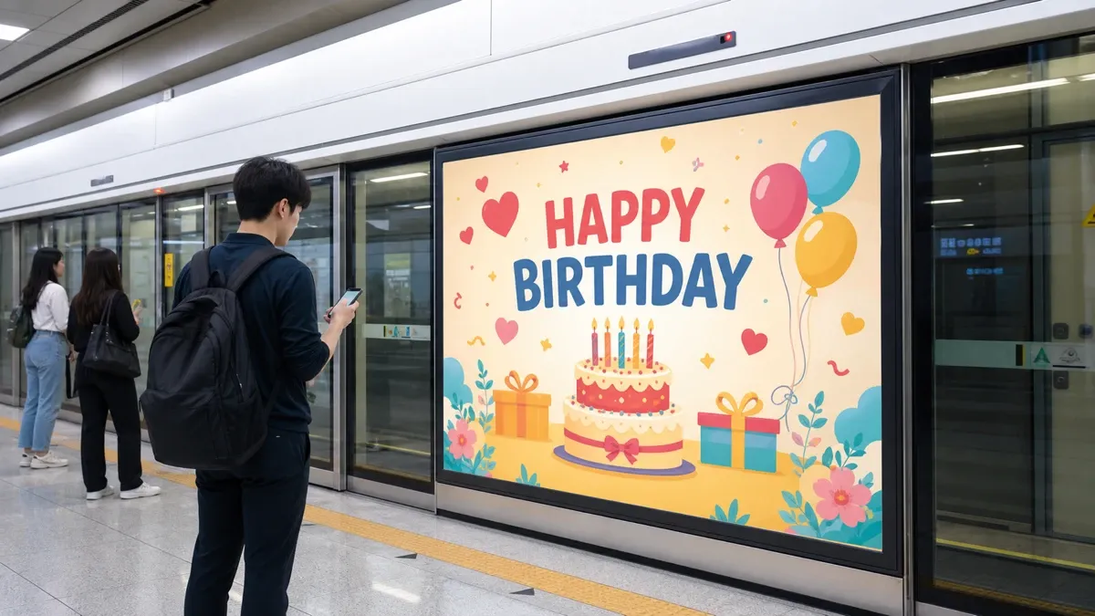 지하철 승강장 스크린도어에 게재된 일러스트 기반 생일 응원광고를 지나가는 사람들이 바라보는 모습 (가상 이미지)