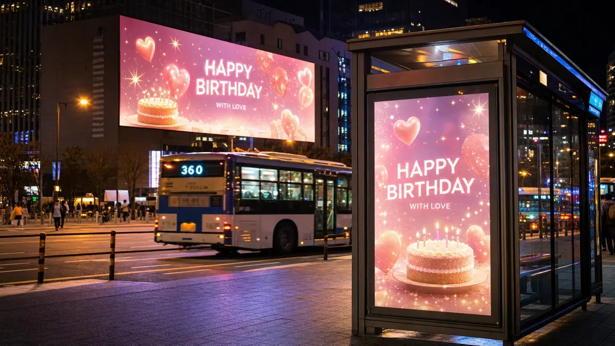 도심 야간 거리의 대형 전광판과 버스정류장 셸터에 게재된 생일 응원광고 (가상 이미지)