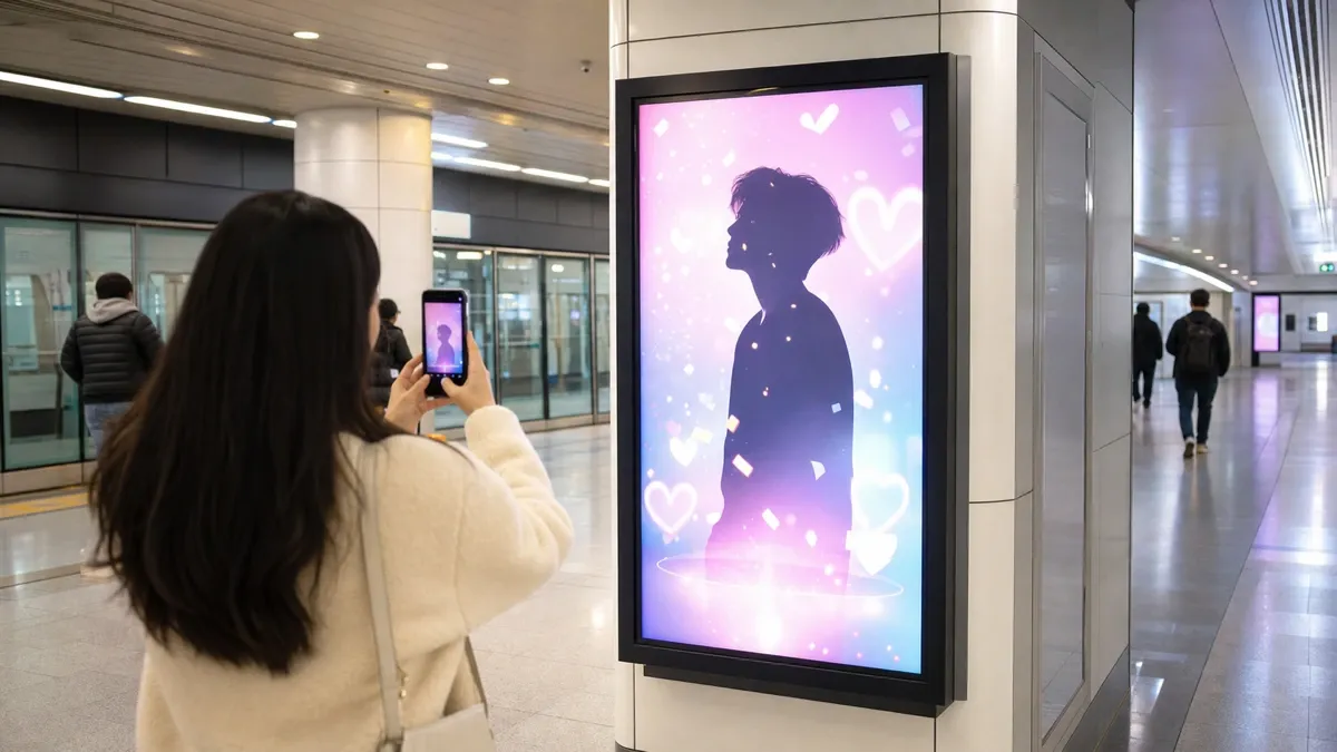 Anuncio de apoyo K-pop en una pantalla del metro de Seúl, Corea, con una fan tomando una foto