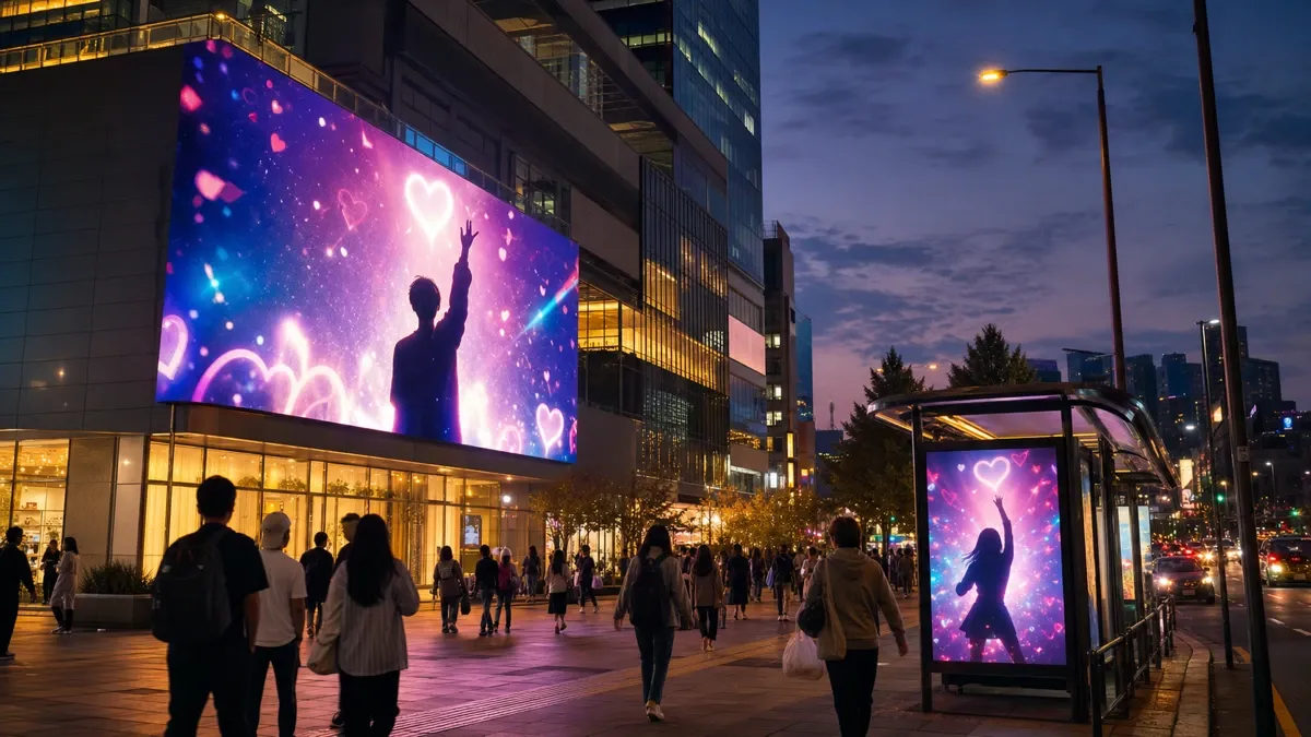 Calle de Seúl, Corea, con varias pantallas y vallas de publicidad de apoyo K-pop al anochecer