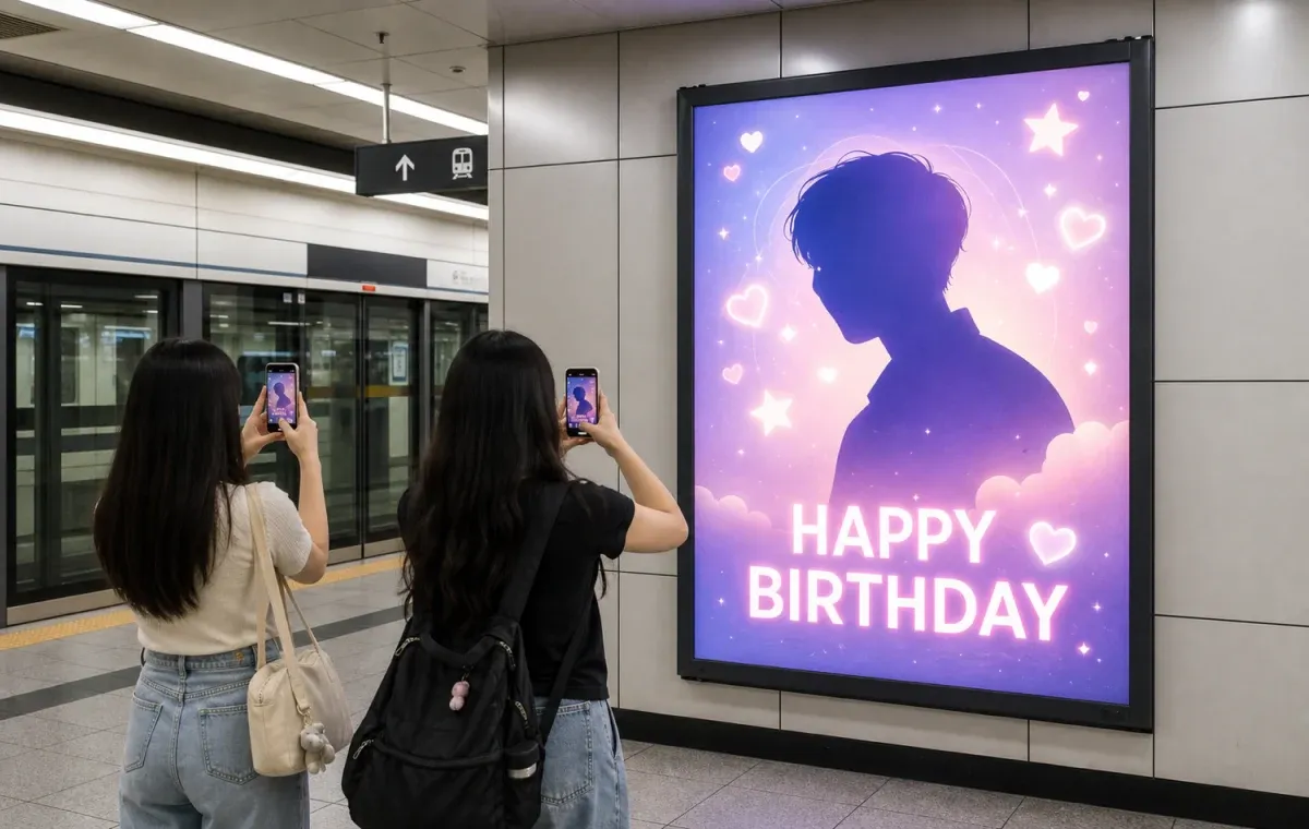 A glowing backlit lightbox K-pop birthday support ad on a Seoul subway station platform, with two fans photographing it