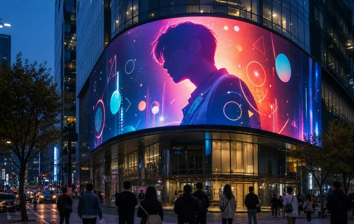 A huge curved digital LED billboard on a city building at dusk showing a colorful K-pop style ad, with small pedestrians below