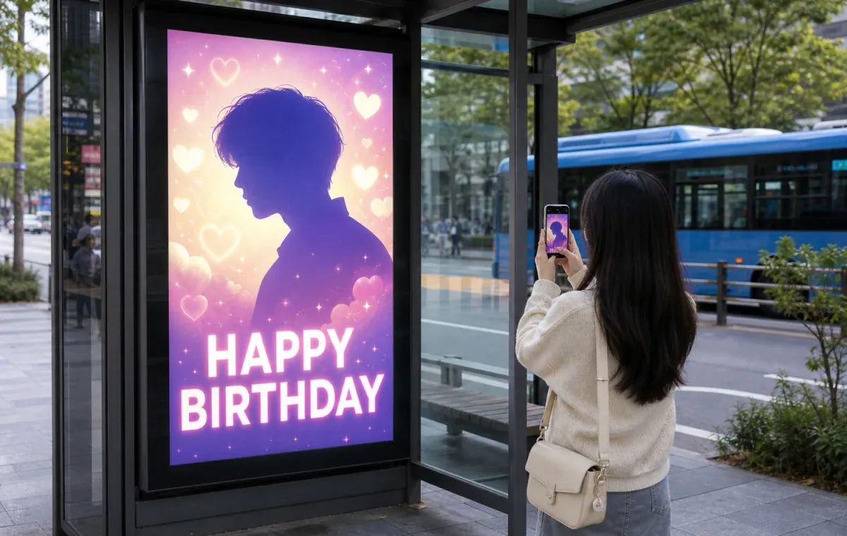 A Seoul bus-stop shelter with an illuminated K-pop birthday support ad panel, a fan photographing it, a city bus in the background