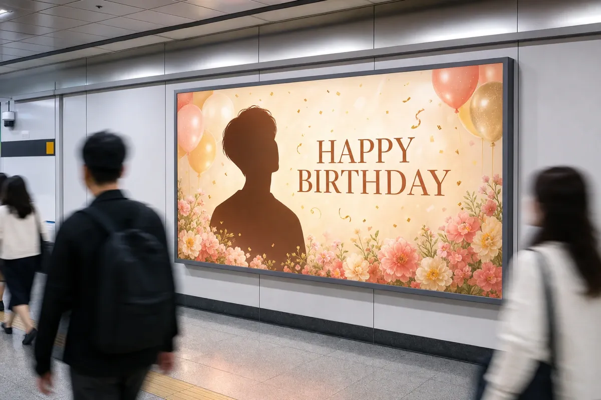 A glowing K-pop birthday support ad lightbox inside a Seoul subway station, with passers-by shown as silhouettes