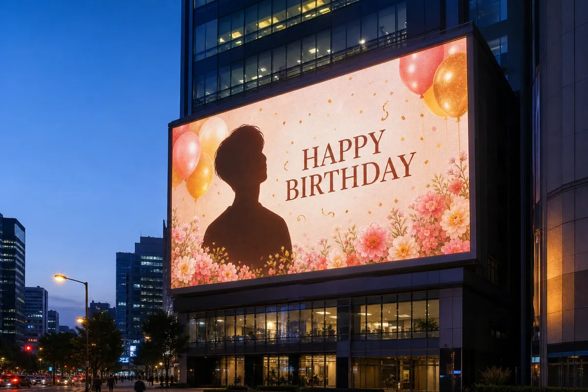 A large outdoor digital billboard in Seoul at dusk showing a K-pop support ad, city lights around it