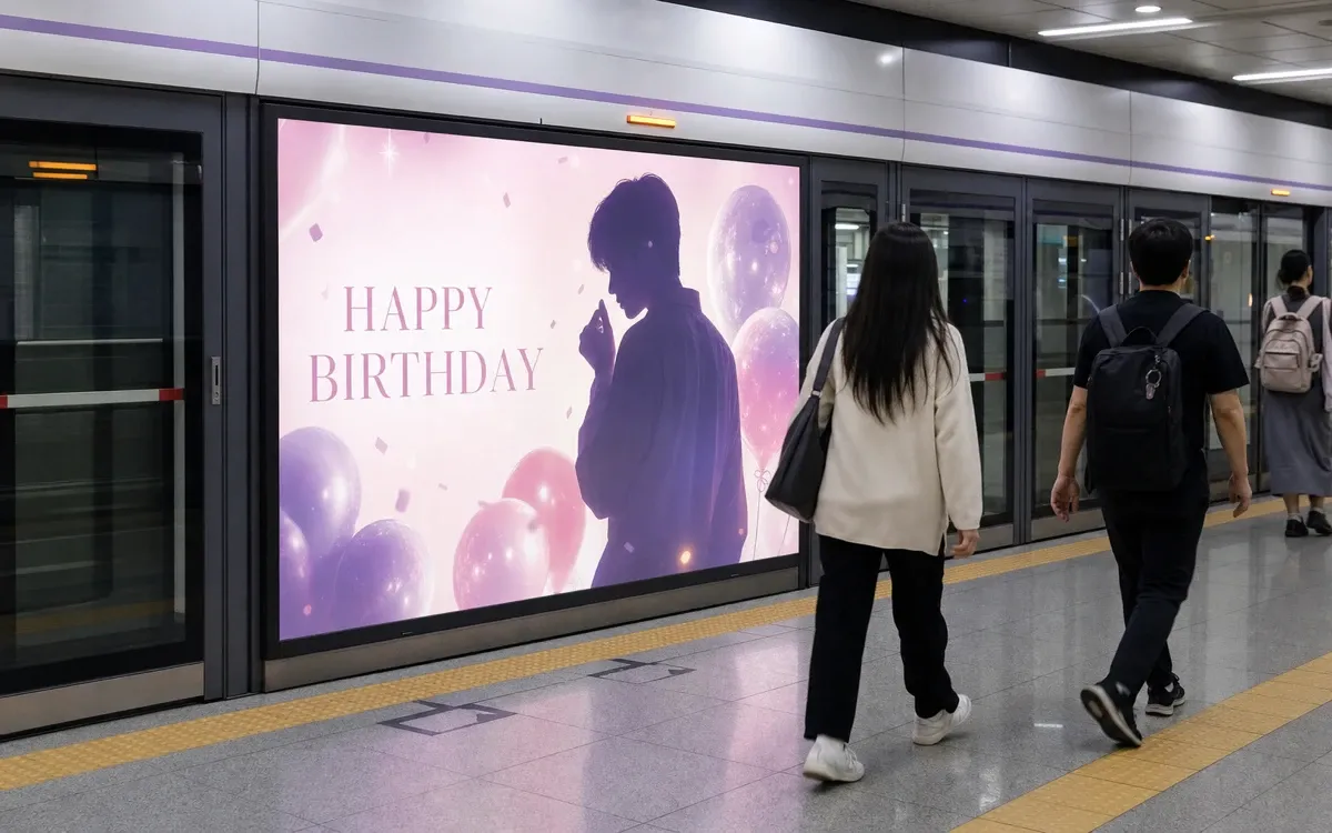A K-pop fan birthday support ad displayed on a screen door inside a busy Seoul subway station, with commuters passing by