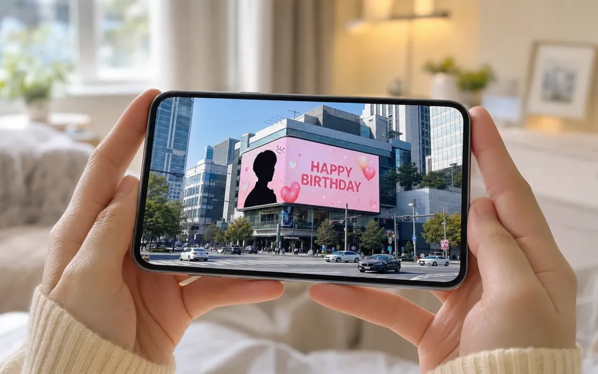 An overseas K-pop fan holding a smartphone showing a confirmation photo of their support ad running on a large digital billboard screen in Seoul, Korea