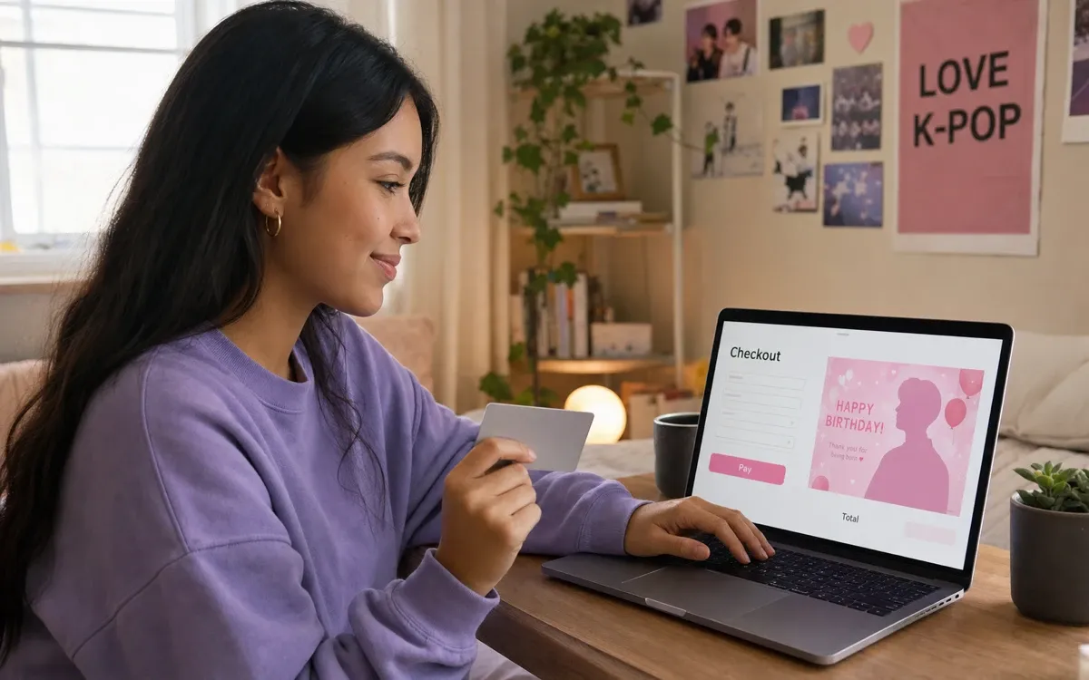 Fan latinoamericana pagando un anuncio de apoyo K-pop para Corea con su tarjeta y su laptop desde casa