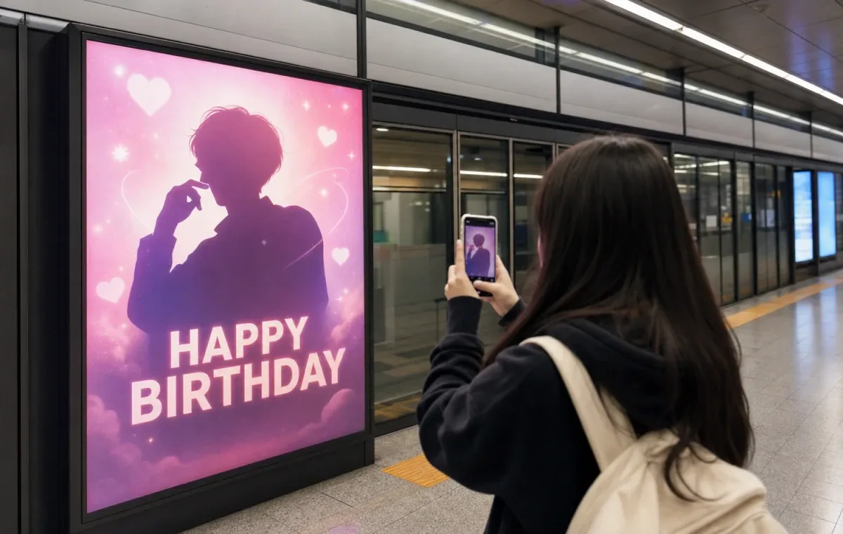 Anuncio de apoyo K-pop en una pantalla del metro de Seúl, Corea, con una fan tomándole una foto como prueba