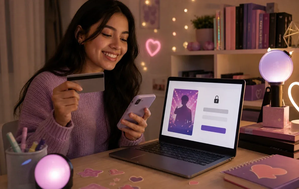 Fan de K-pop latinoamericana pagando con tarjeta de forma segura en una página web desde su casa, tranquila