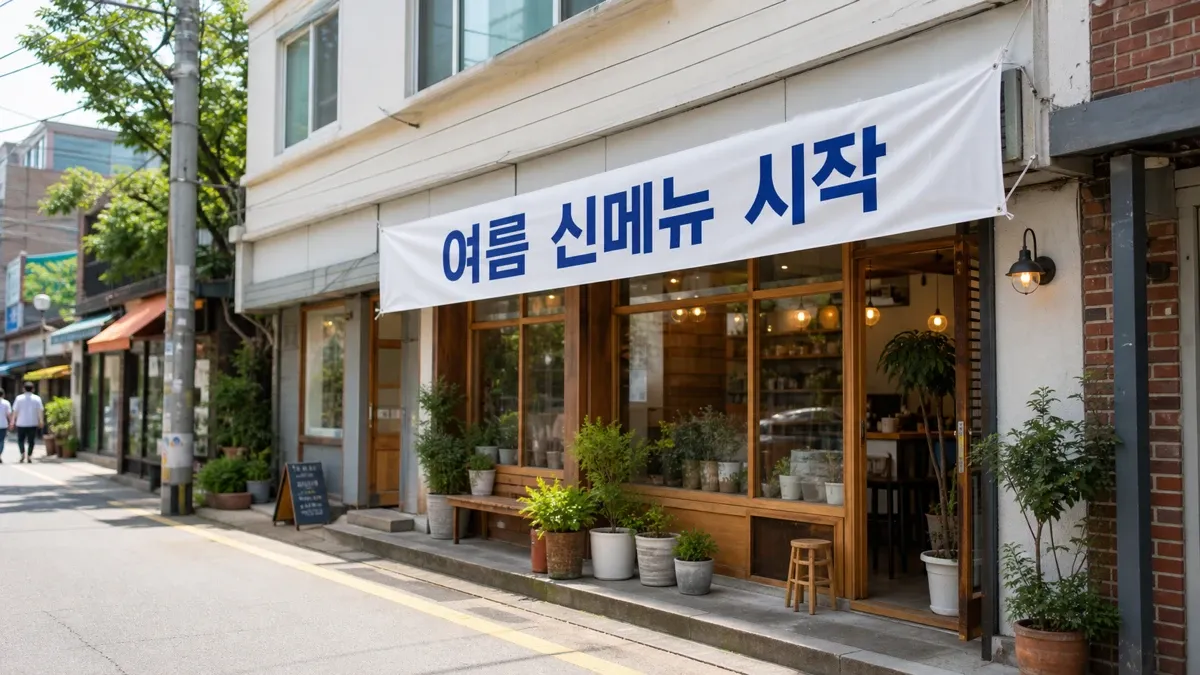 동네 가게 앞에 새로 건 오픈·시즌 현수막이 걸려 있는 모습 (가상 이미지)