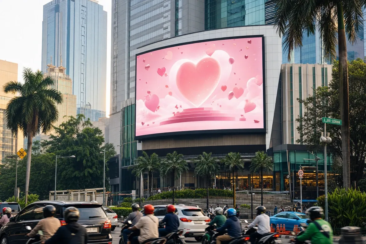 Videotron LED besar di gedung pusat kota Jakarta menampilkan iklan ulang tahun K-pop bernuansa hati pink, dengan jalanan ramai motor dan mobil
