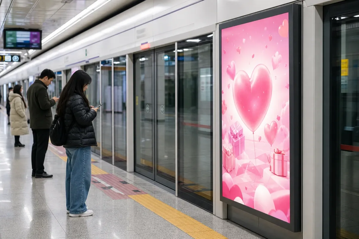 Panel digital di peron stasiun subway Seoul, Korea menampilkan iklan dukungan ulang tahun bernuansa hati pink, dengan penumpang menunggu kereta