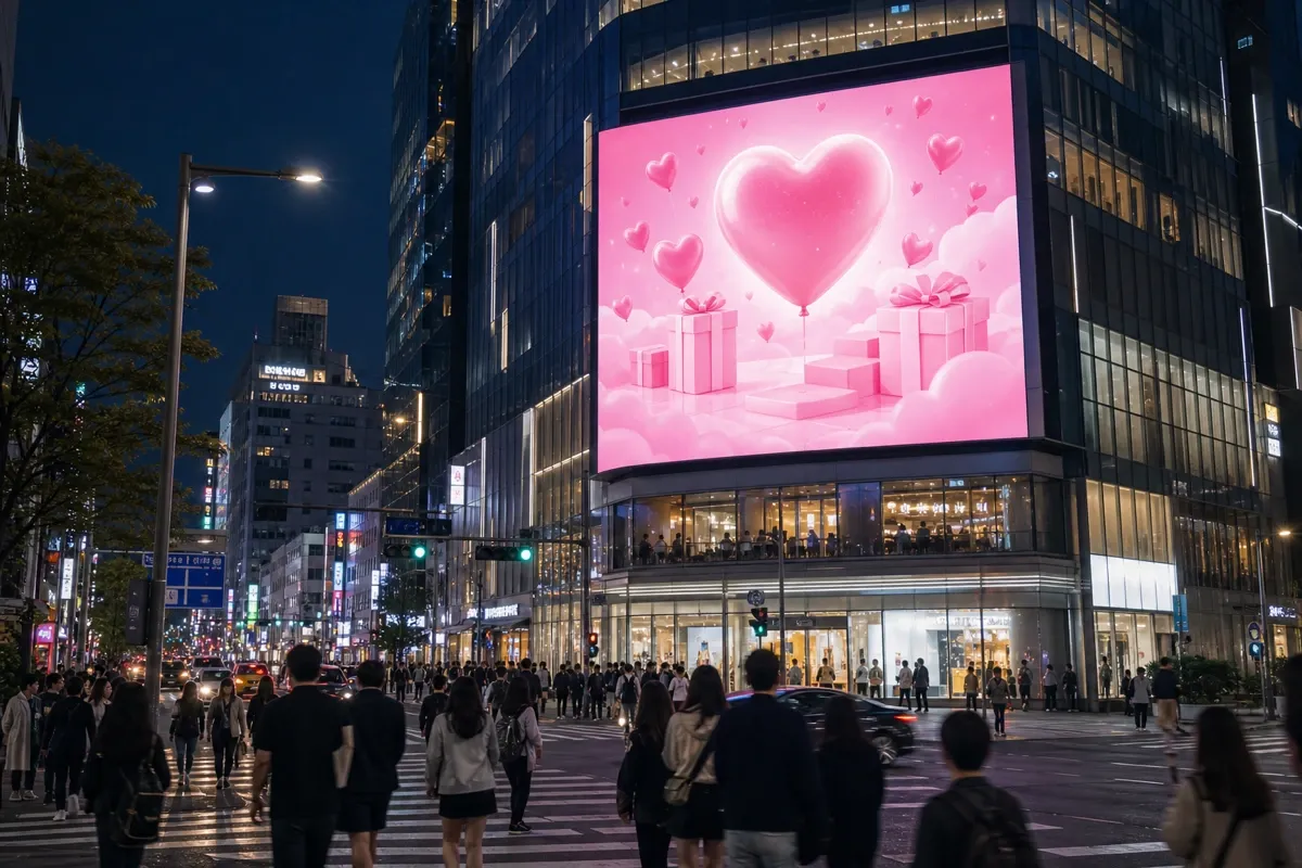 Billboard digital LED besar di gedung pusat kota Seoul, Korea pada malam hari menampilkan iklan dukungan K-pop bernuansa hati pink, dengan banyak pejalan kaki