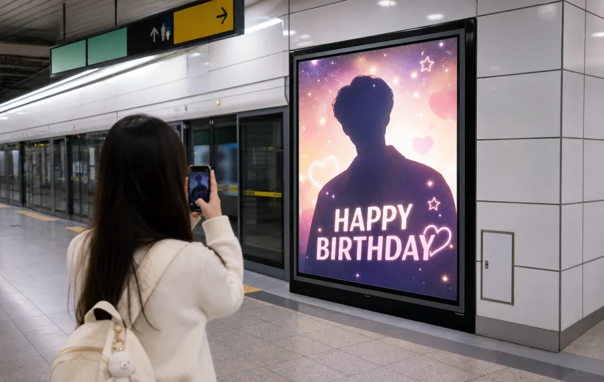 Iklan dukungan ulang tahun K-pop di lightbox stasiun subway Seoul, Korea, dengan seorang fans memfotonya
