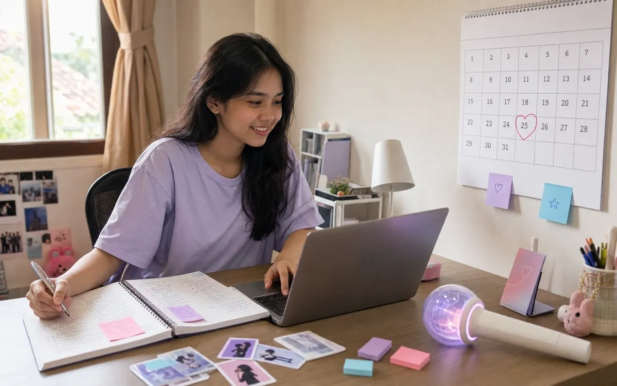 Fans K-pop Indonesia menyiapkan project iklan ulang tahun idol sambil melihat kalender dan laptop di meja