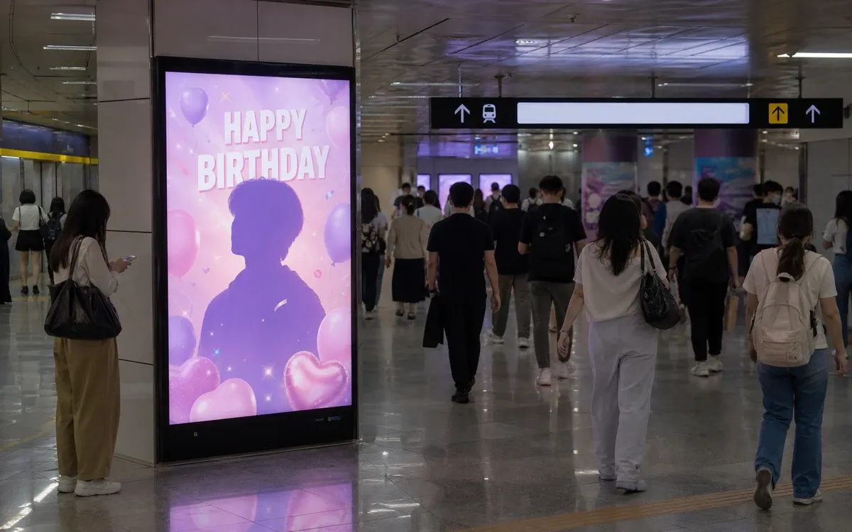 Iklan ulang tahun idol K-pop terpasang di layar stasiun subway Seoul, Korea, di tengah keramaian