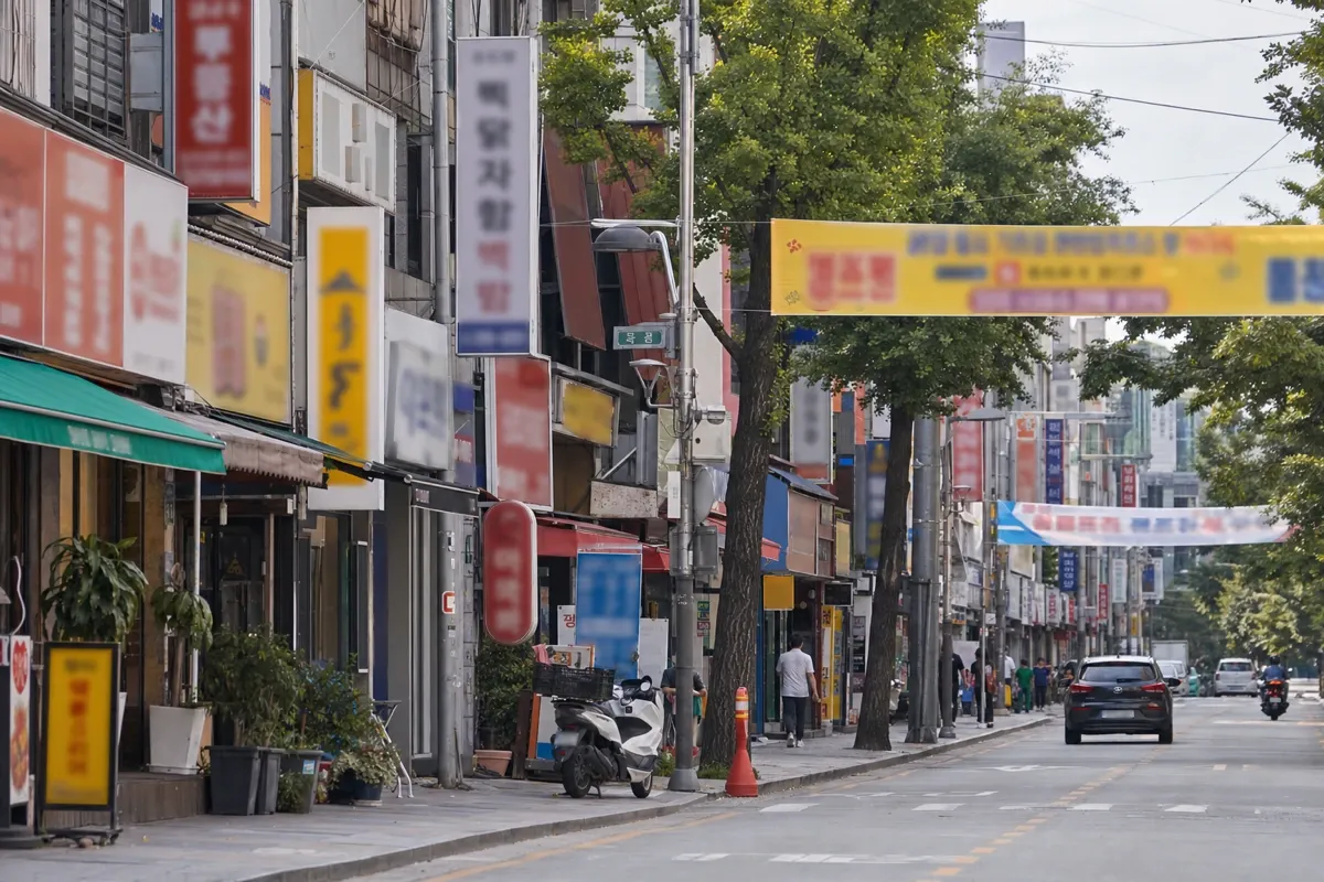 한국 동네 상가 거리에 점포 간판들과 거리 현수막이 걸려 있는 자영업 상권 풍경
