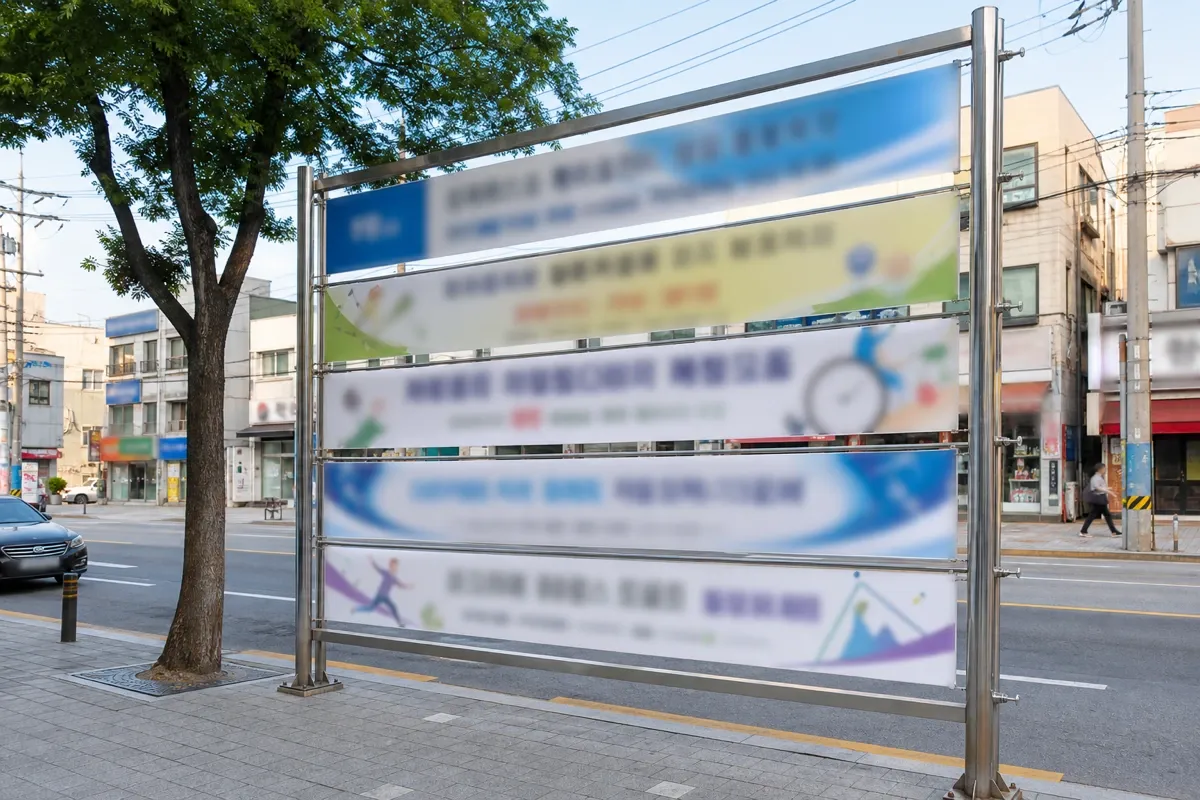 한국 거리에 설치된 현수막 지정게시대에 여러 장의 현수막이 가지런히 줄지어 걸려 있는 모습