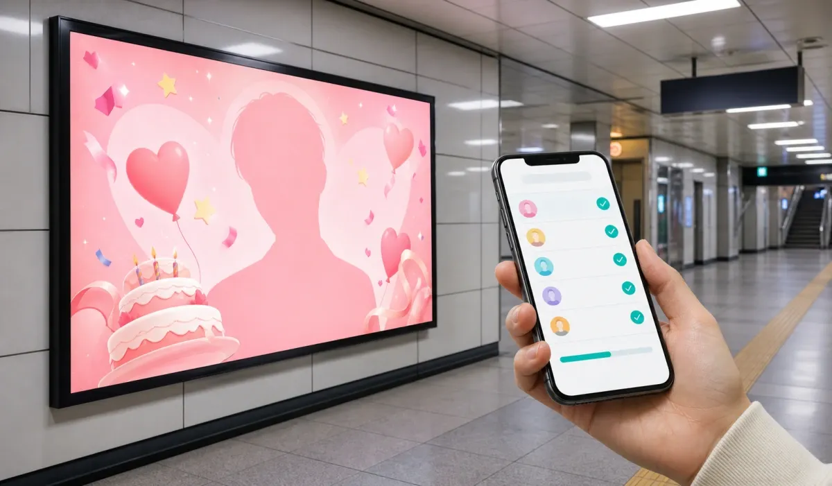 韓国の地下鉄駅に掲出された応援広告と決済状況を確認するスマートフォンのイメージ